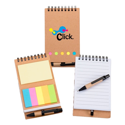 Bloco com caneta e post-it, formato 10cm x 15cm, capa em Kraft, miolo em off-set com pauta, caneta sem personalização.